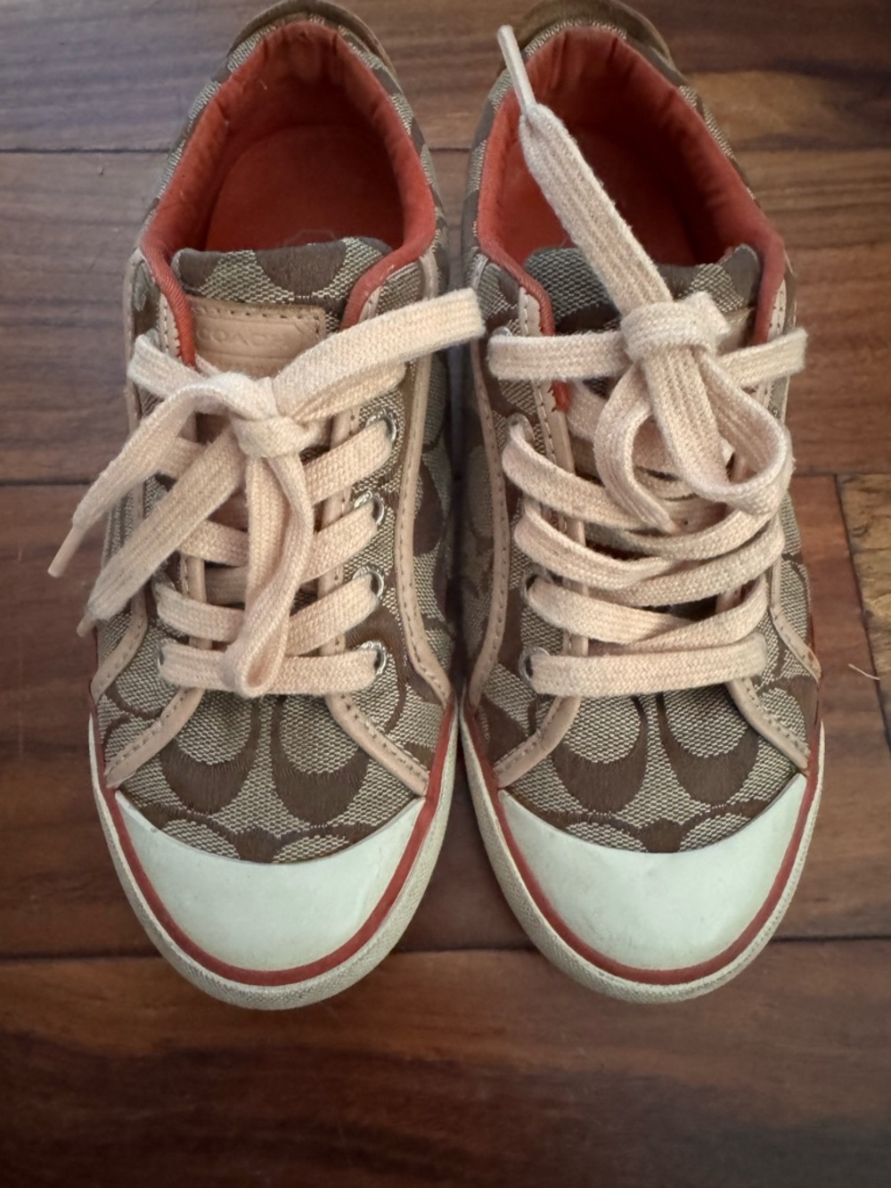 Coach Kids Signature Canvas Sneakers in Brown and Cream with Coral Trim